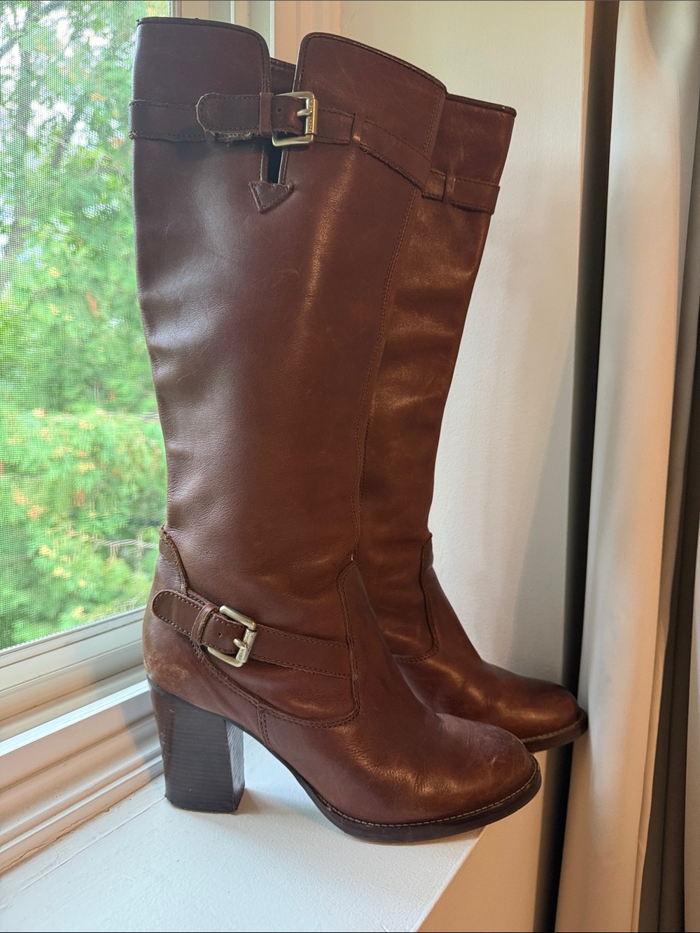 Classic Brown Leather Knee-High Heel Boots - Women's